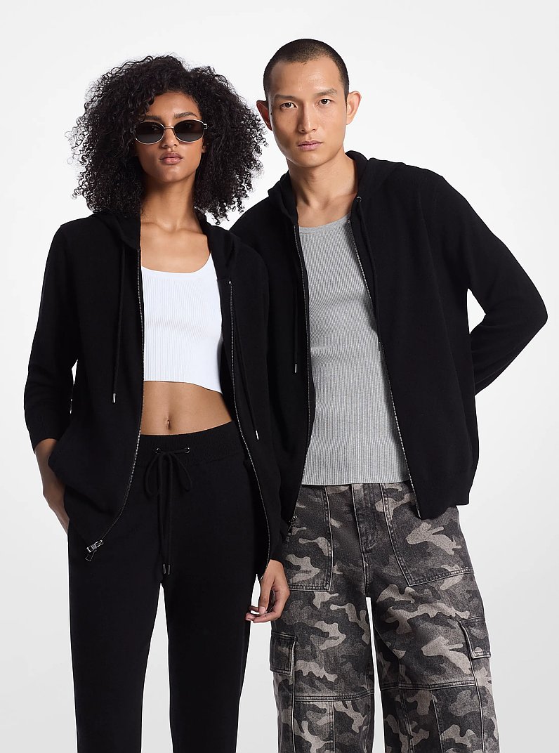 Wool and Cashmere Blend Zip-Up Hoodie in BLACK | Michael Kors