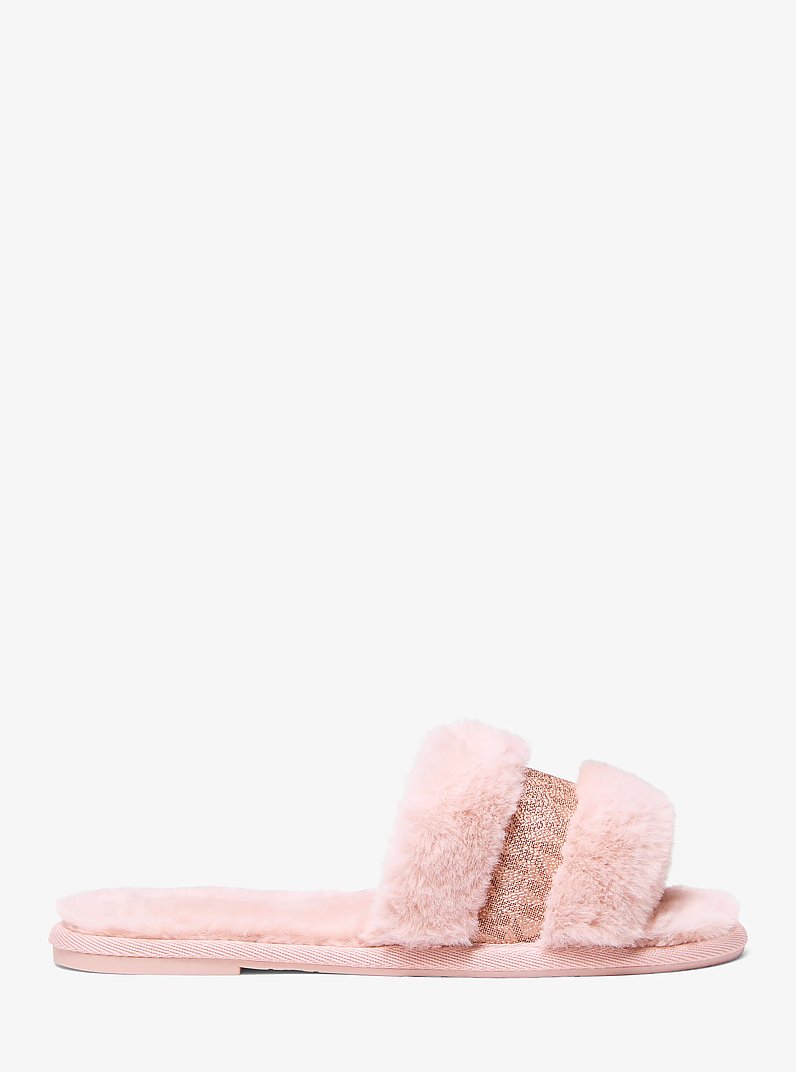 Alexis Faux Fur and Metallic Signature Logo Slide Sandal in POWDER BLUSH | Michael Kors