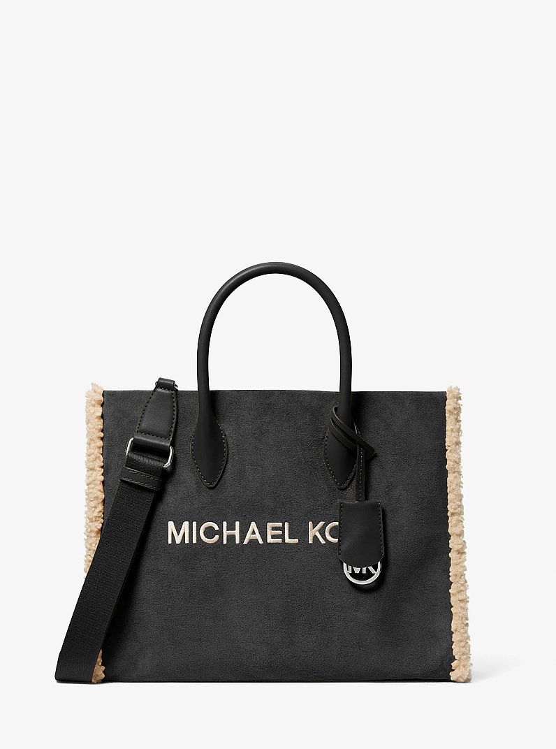 Bolso tote Morella mediano de gamuza y piel sint&eacute;tica tipo borrego in NEGRO | Michael Kors