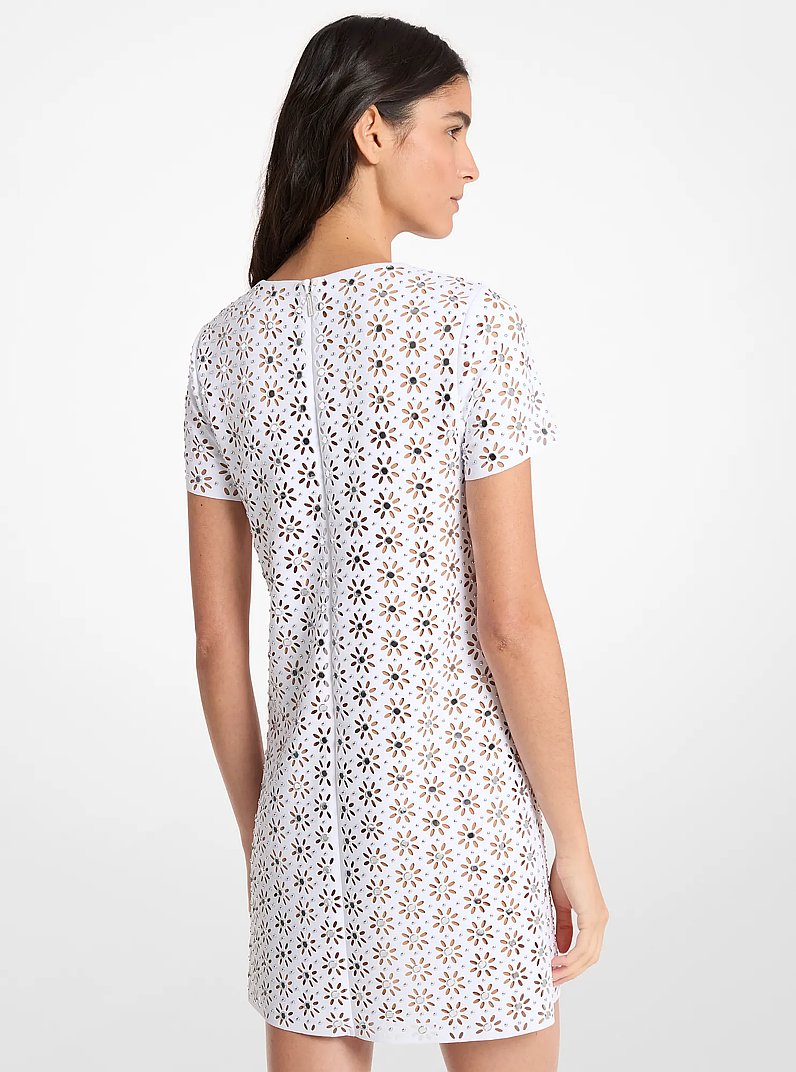 Mirror-Embellished Floral Laser-Cut Scuba Dress in WHITE | Michael Kors