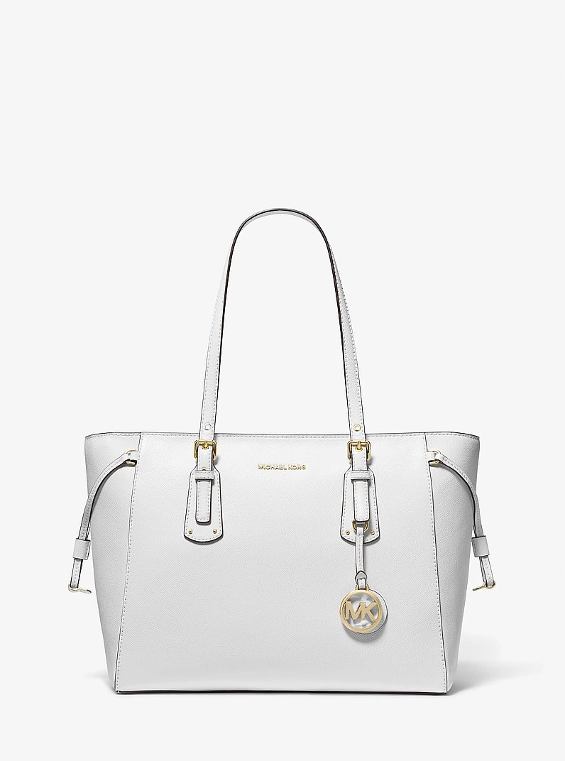 Voyager Medium Crossgrain Leather Tote Bag in OPTIC WHITE | Michael Kors
