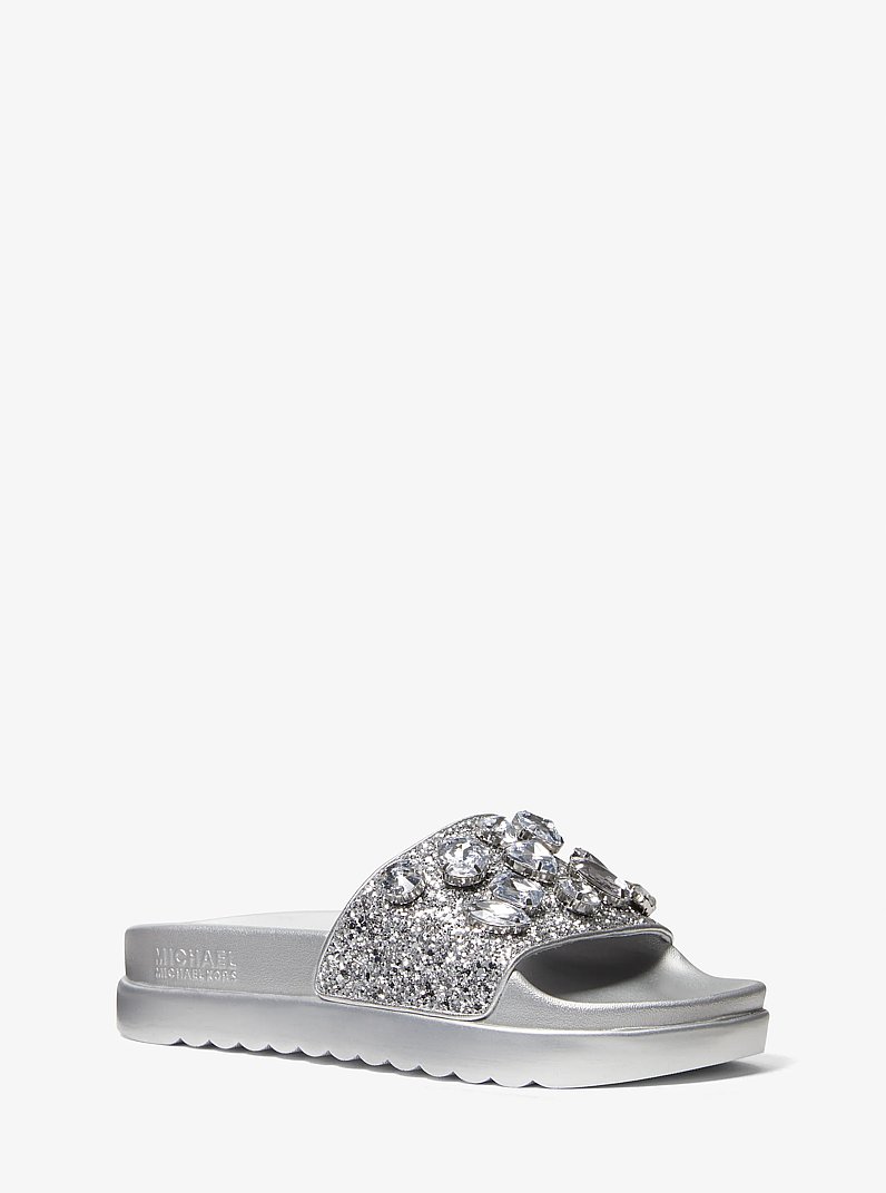 Tyra Jewel Embellished Glitter Slide Sandal in SILVER | Michael Kors