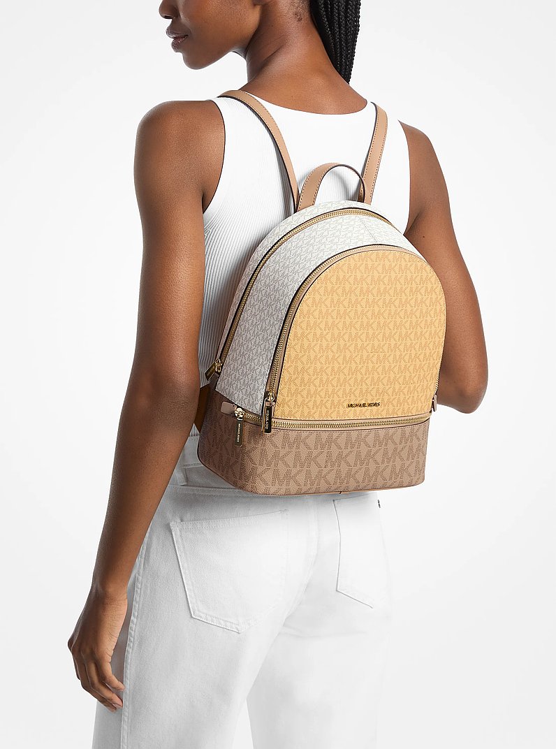 Rhea Medium Color-Block Signature Logo Backpack in HONEYWHEAT MULTI | Michael Kors