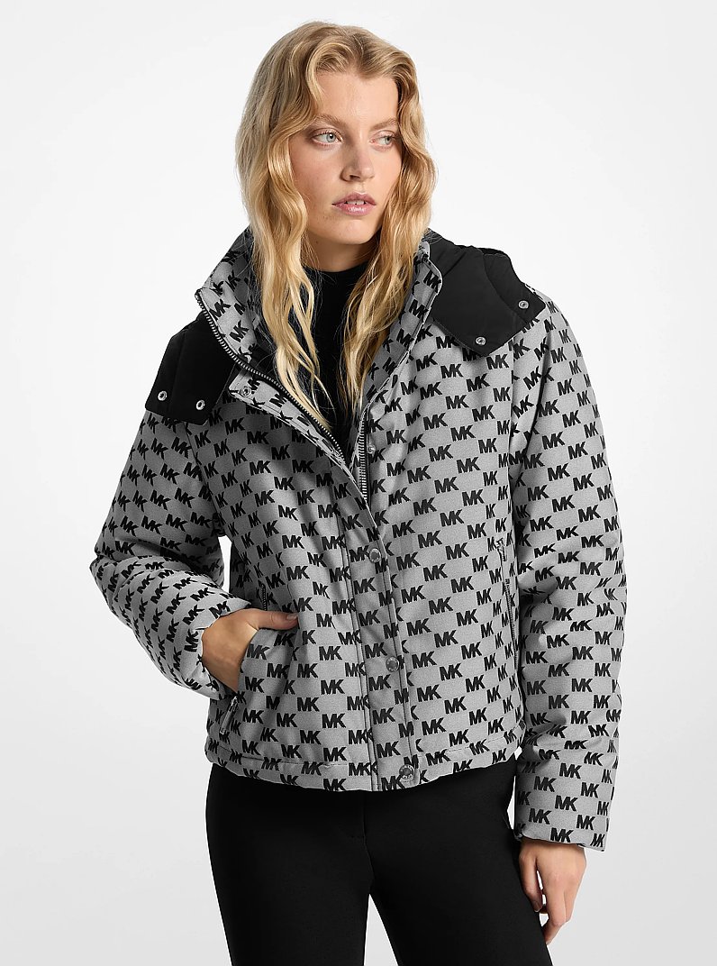 Logo Jacquard Hooded Puffer Jacket in BLACK | Michael Kors