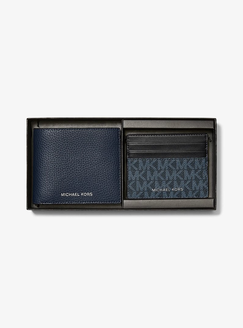 Pebbled Leather Billfold Wallet and Signature Logo Card Case Gift Set in ADMRL/PLBLUE | Michael Kors