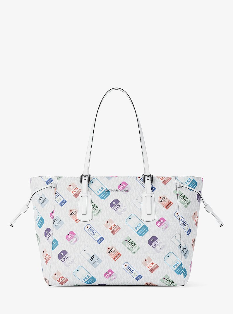 Voyager Large Printed Signature Logo Tote Bag in OPTIC WHITE | Michael Kors