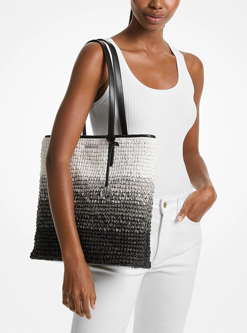 The Michael Large Ombr&eacute; Straw Tote Bag in BLACK | Michael Kors