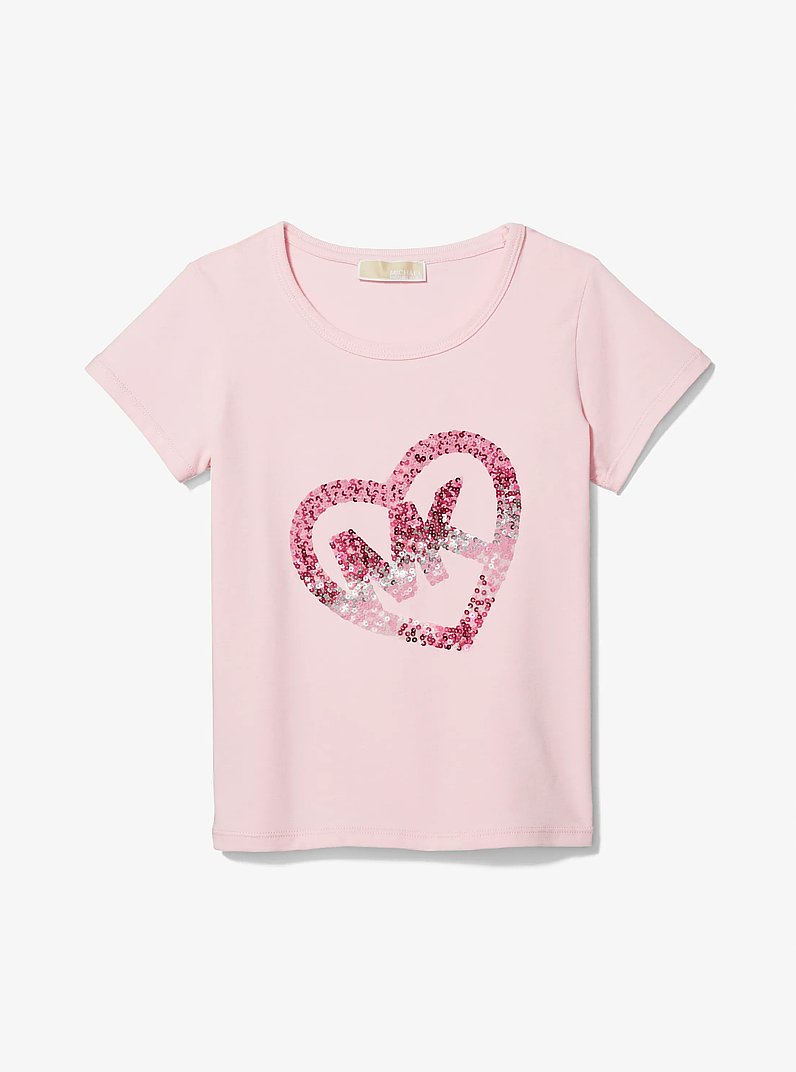 Stretch Cotton Sequined Logo Heart T-Shirt in ROSA | Michael Kors