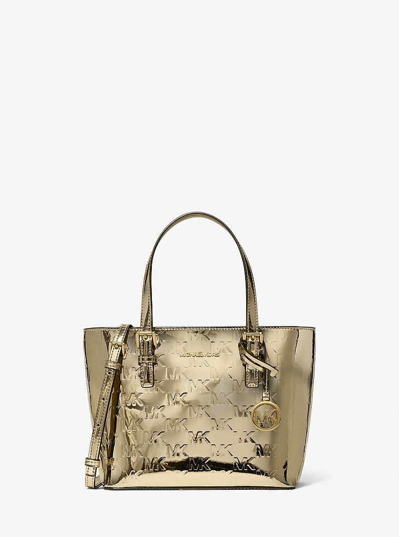 Jet Set Extra-Small Metallic Logo Debossed Convertible Tote Bag in PALE GOLD | Michael Kors