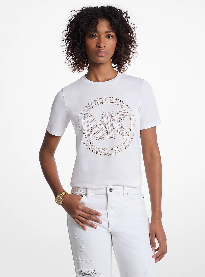 Studded Logo Charm Organic Cotton Jersey T-Shirt in WHITE | Michael Kors