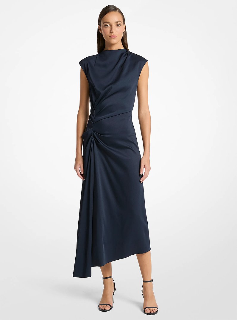 Vestido ce&ntilde;ido de sat&eacute;n con cuello vuelto in AZUL MEDIANOCHE | Michael Kors