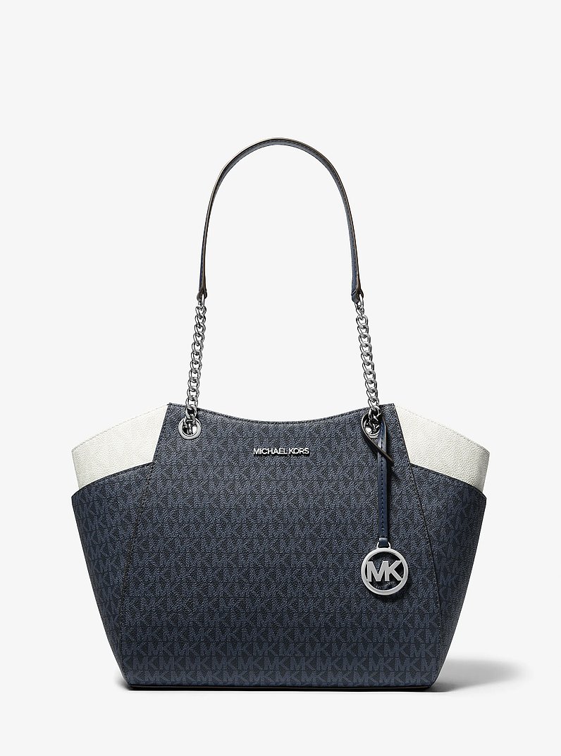 Jet Set Large Two-Tone Signature Logo Shoulder Bag in NAVY MULTI | Michael Kors