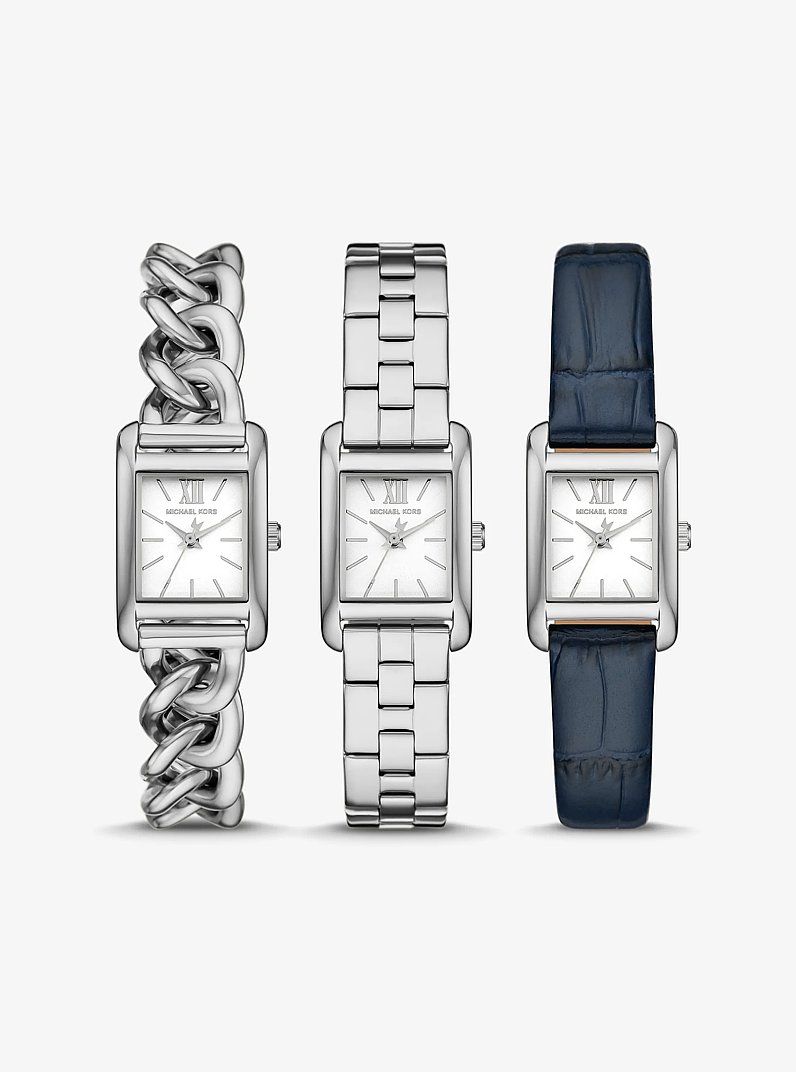 Petite Monroe Silver-Tone and Crocodile-Embossed Leather Watch Strap Set in SILVER | Michael Kors