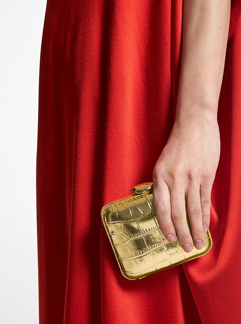 Tina Mini Metallic Crocodile Embossed Leather Minaudie re in GOLD | Michael Kors