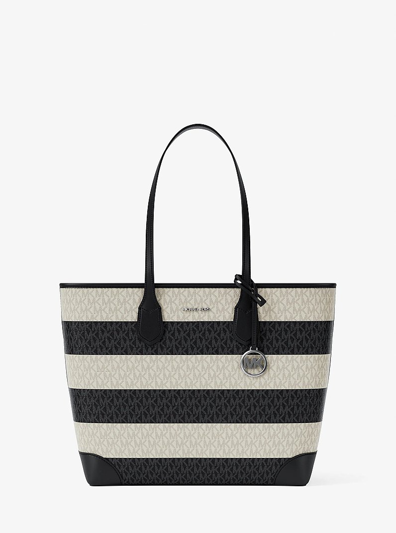 Eva Large Striped Signature Logo Tote Bag in BLACK | Michael Kors