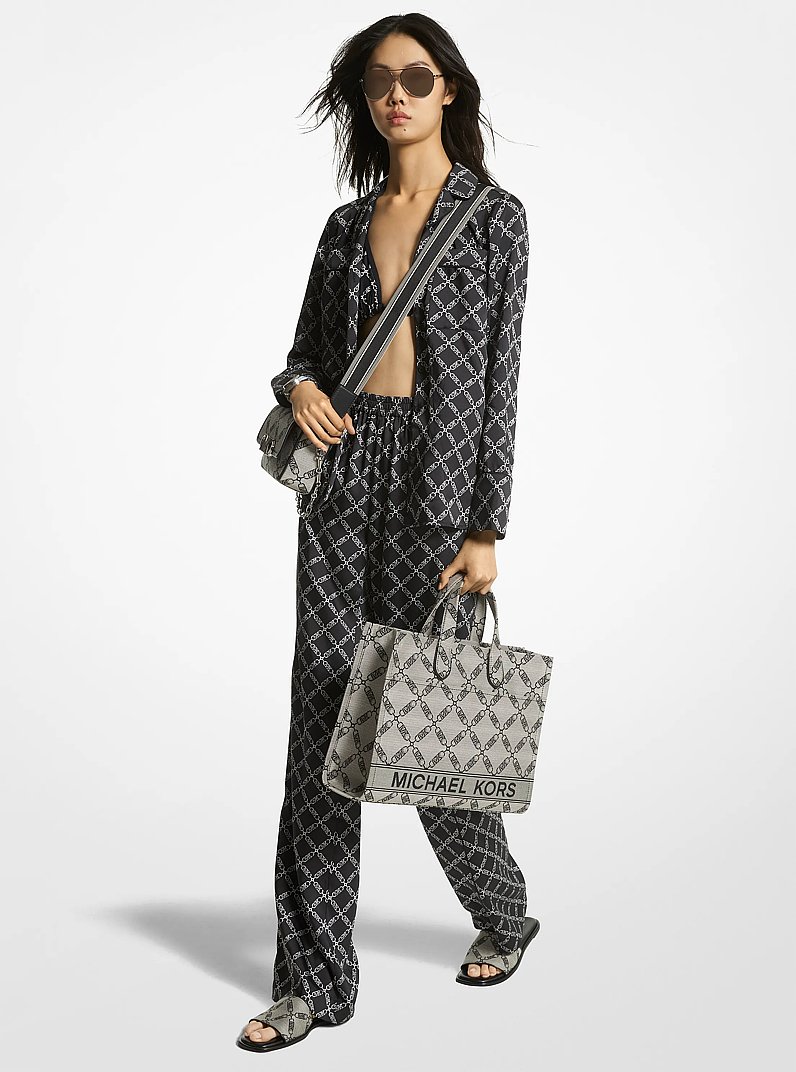 Empire Logo Print Satin Pajama Top in BLACK/BONE | Michael Kors
