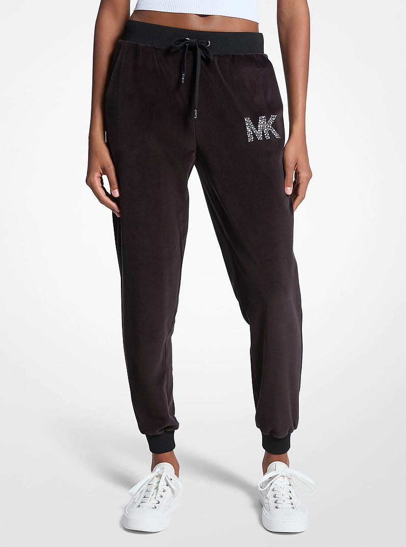 Embellished Logo Velour Joggers in BLACK | Michael Kors