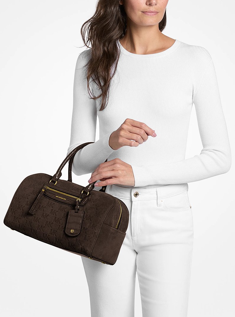 Jet Set Travel Medium Logo Embossed Suede Duffel Crossbody Bag in CHOCOLATE | Michael Kors