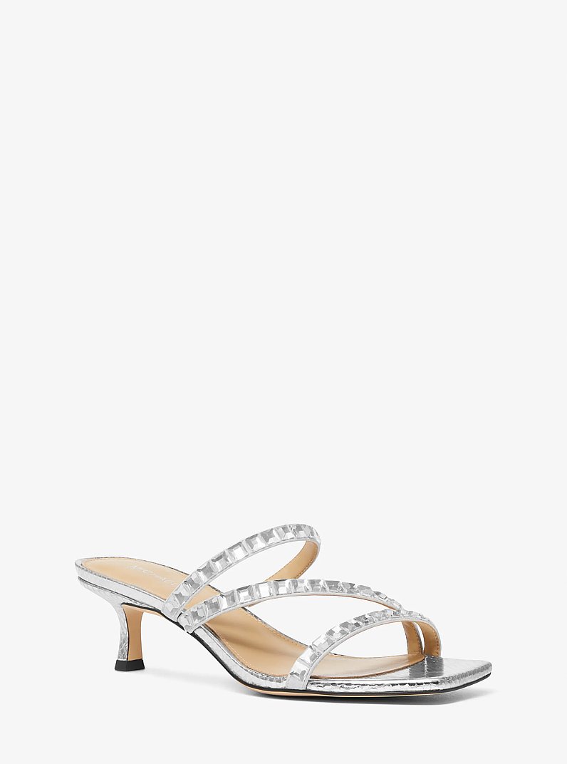 Celia Embellished Metallic Snake Embossed Kitten Sandal in SILVER | Michael Kors