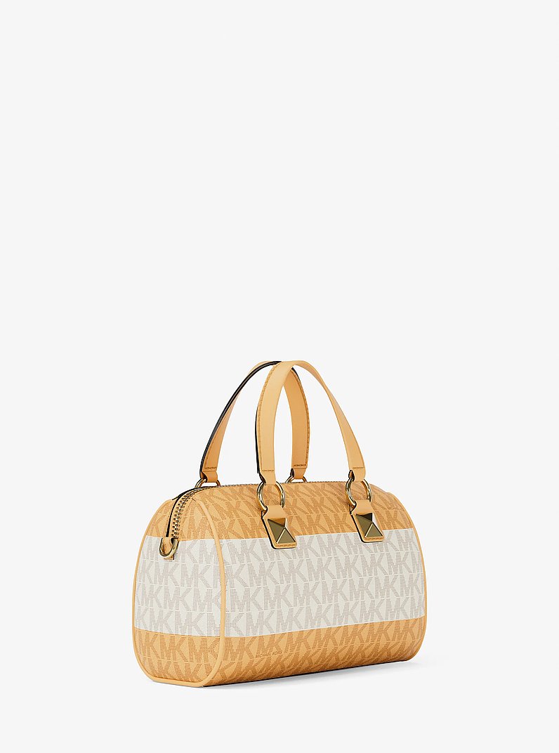 Grayson Small Striped Signature Logo Duffel Crossbody Bag in HONEYWHEAT | Michael Kors
