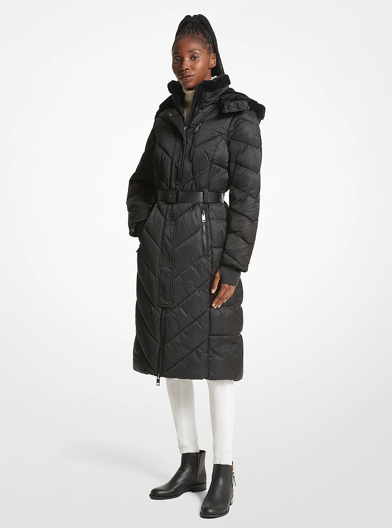 Faux Fur Trim Belted Puffer Coat in BLACK | Michael Kors