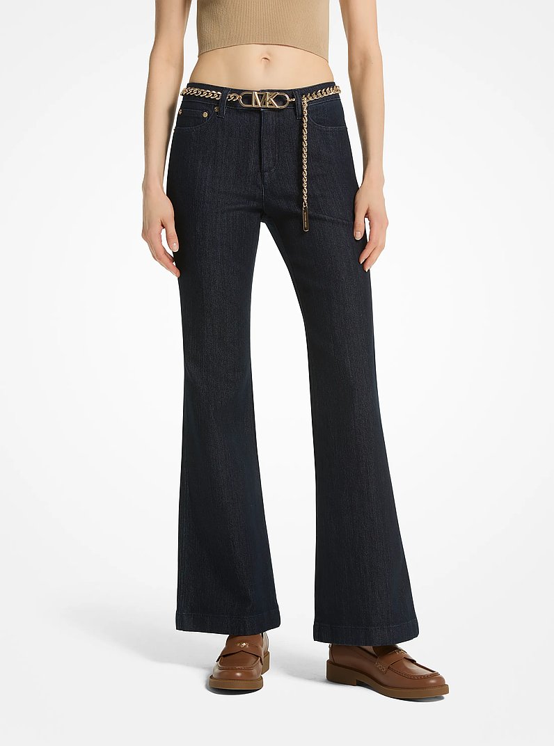 Stretch Denim Belted Flared Jeans in RINSE | Michael Kors