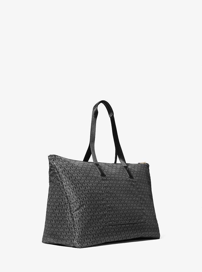 Jet Set Travel Large Signature Logo Print Woven Tote Bag in BLACK | Michael Kors
