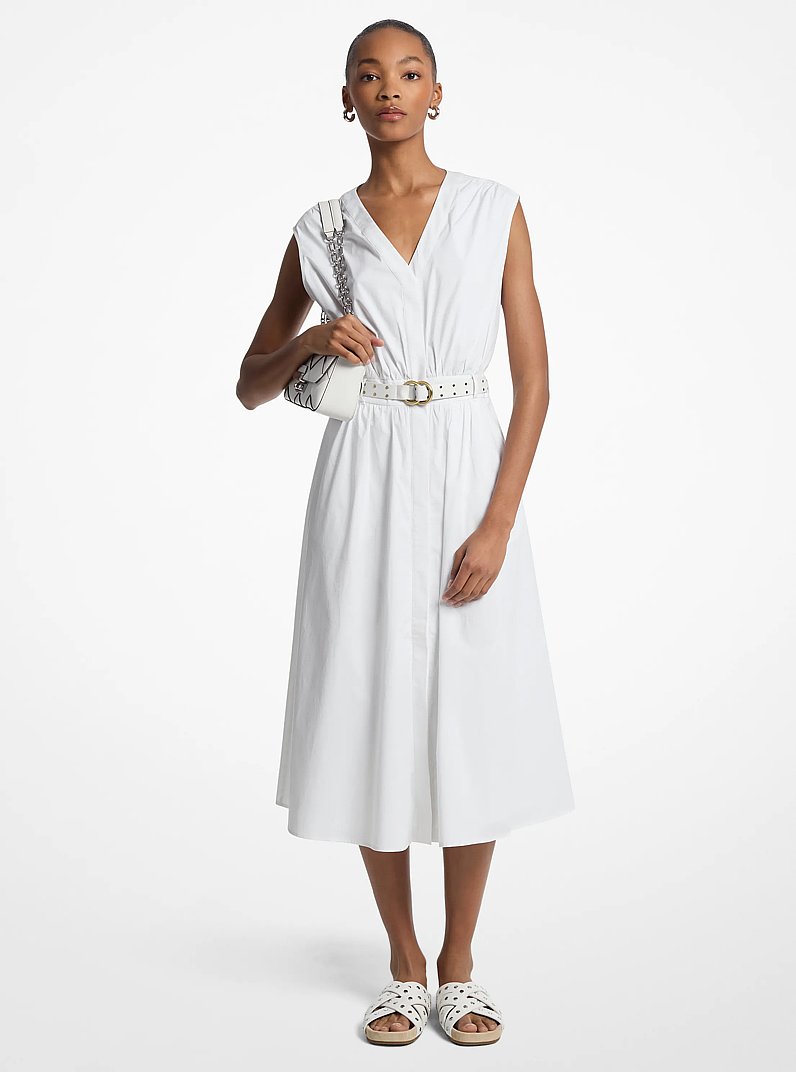 Vestido midi con cintur&oacute;n de popelina de algod&oacute;n el&aacute;stico in BLANCO | Michael Kors