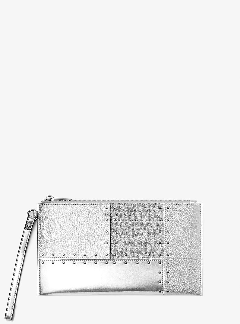 Jet Set Travel Large Studded Metallic Patchwork and Signature Logo Wristlet in SILVER | Michael Kors