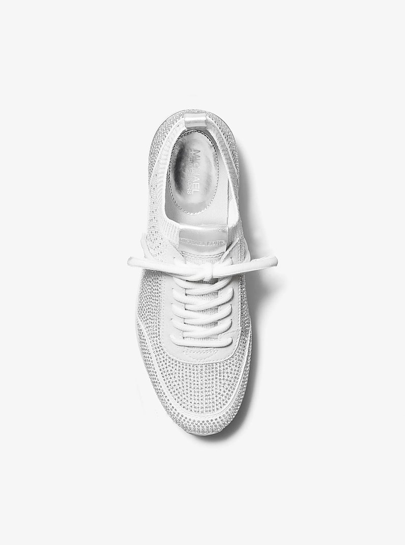 Jenkins Crystal Embellished Metallic Stretch Knit Trainer in SILVER | Michael Kors