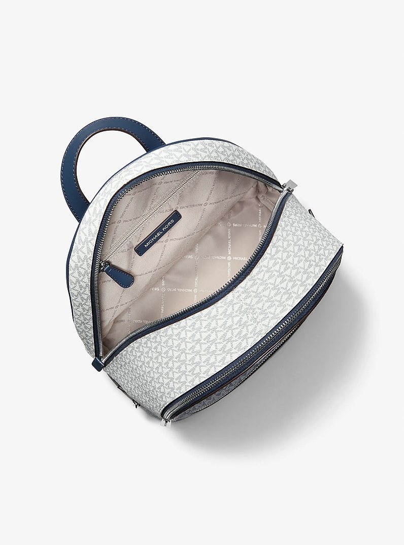 Rhea Medium Metallic Signature Logo Backpack in NAVY | Michael Kors