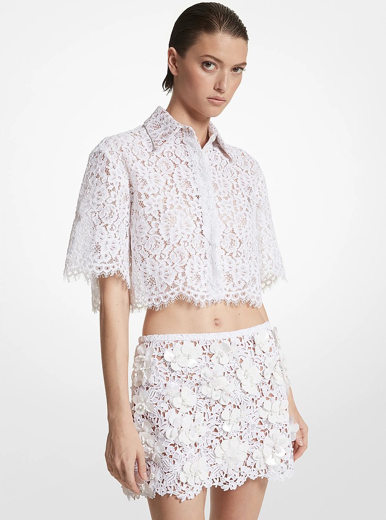 Floral Corded Lace Cropped Shirt in OPTIC WHITE | Michael Kors