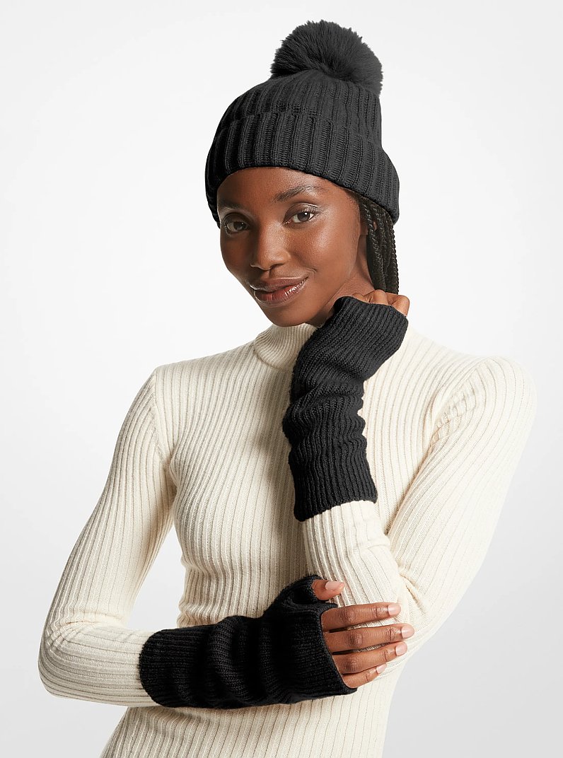 Ribbed Cashmere Fingerless Gloves in BLACK | Michael Kors