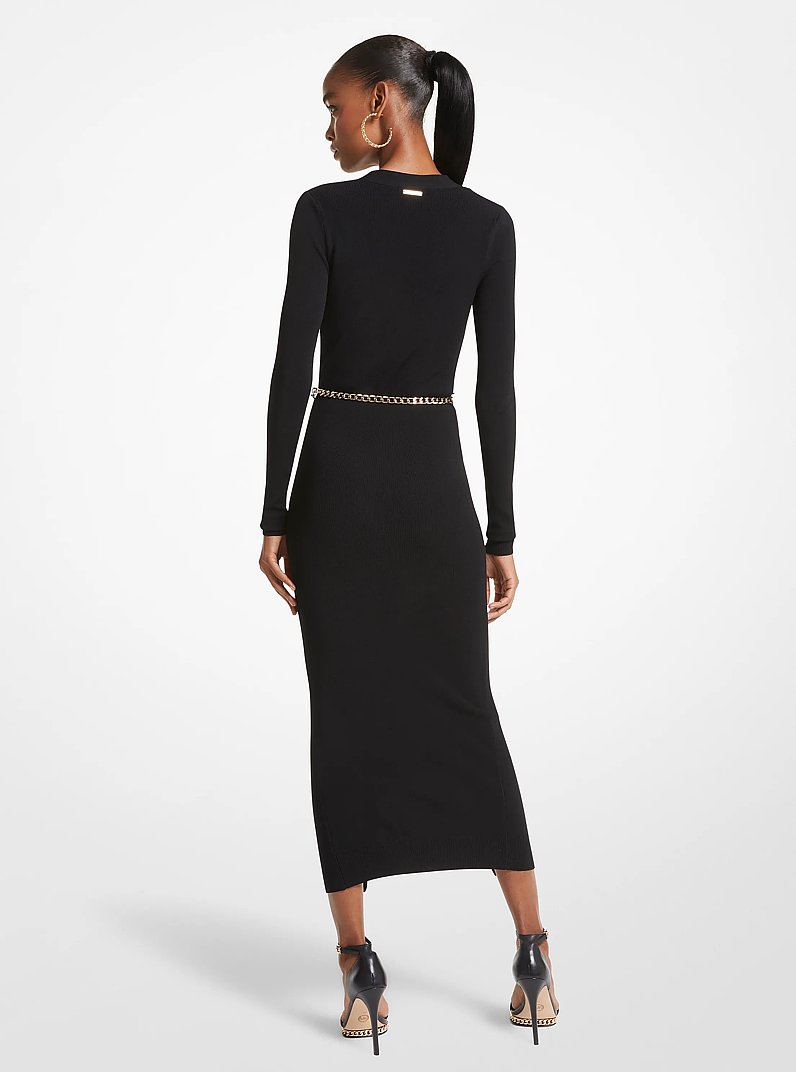 Stretch Viscose Belted Midi Dress in BLACK | Michael Kors