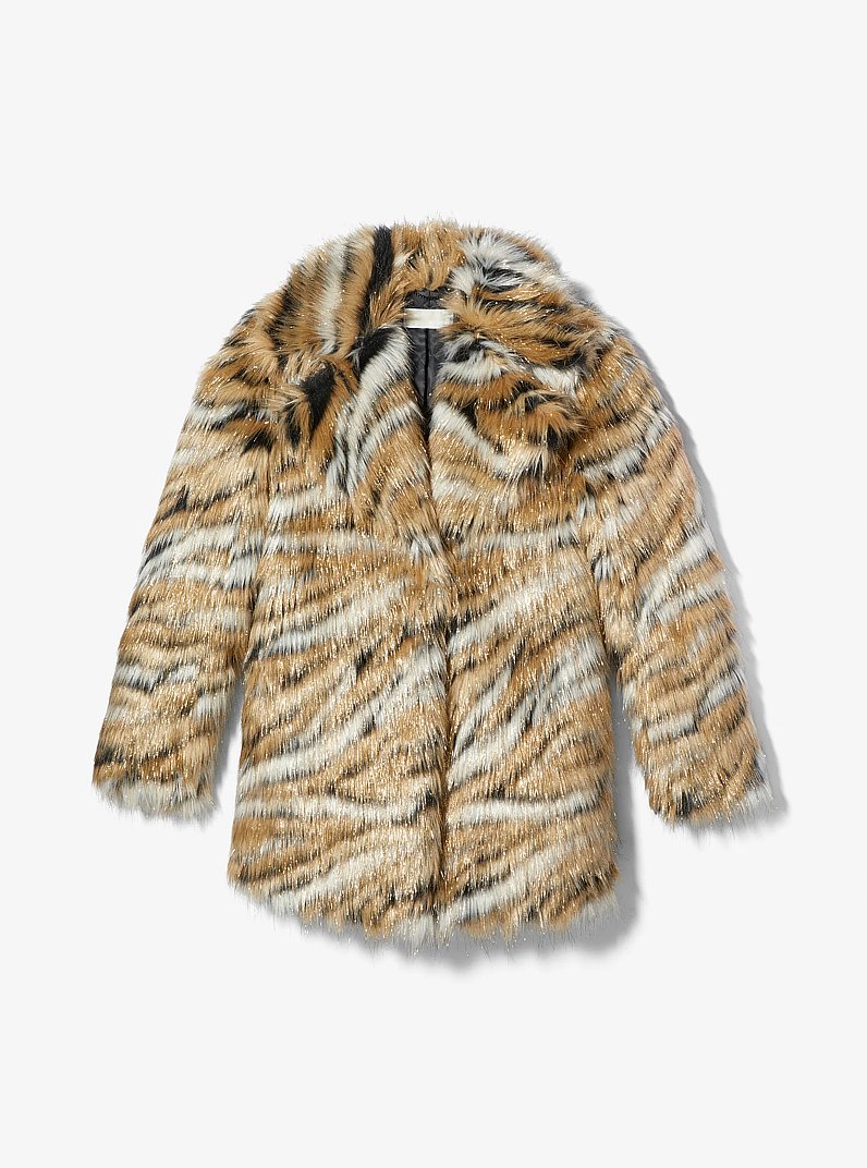 Metallic Tiger Jacquard Faux Fur Coat in KHAKI | Michael Kors