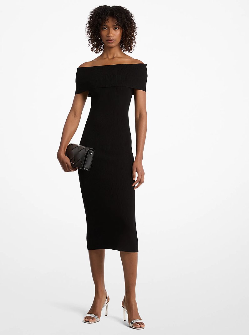 Stretch Knit Over-The-Shoulder Dress in BLACK | Michael Kors