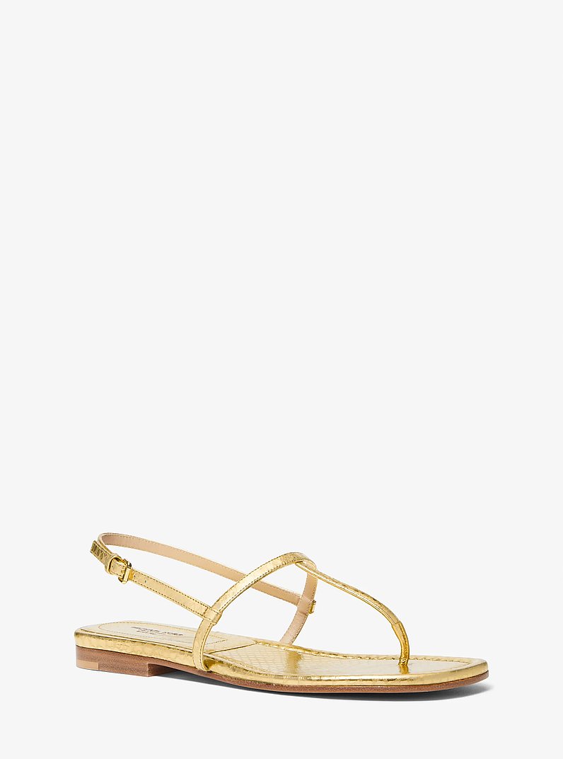 Ali Metallic Python Embossed Leather Sandal in GOLD | Michael Kors