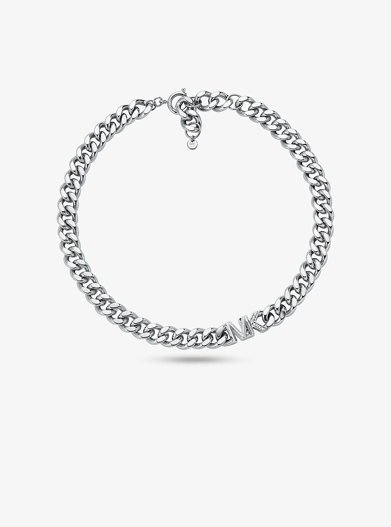 Precious Metal-Plated Brass Pav&eacute; Logo Curb Link Necklace in SILVER | Michael Kors