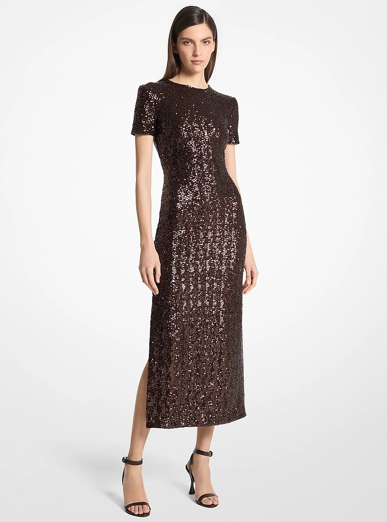 Vestido midi el&aacute;stico con lentejuelas y estilo camiseta in CHOCOLATE | Michael Kors
