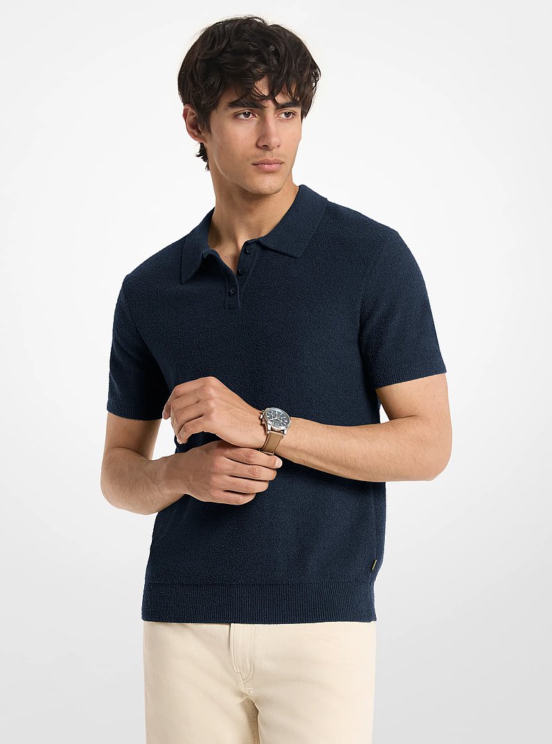 Boucle Cotton Blend Short-Sleeve Polo Sweater in MIDNIGHT | Michael Kors