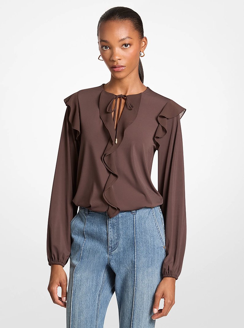 Ruffled Georgette Long-Sleeve Top in CHOCOLATE | Michael Kors