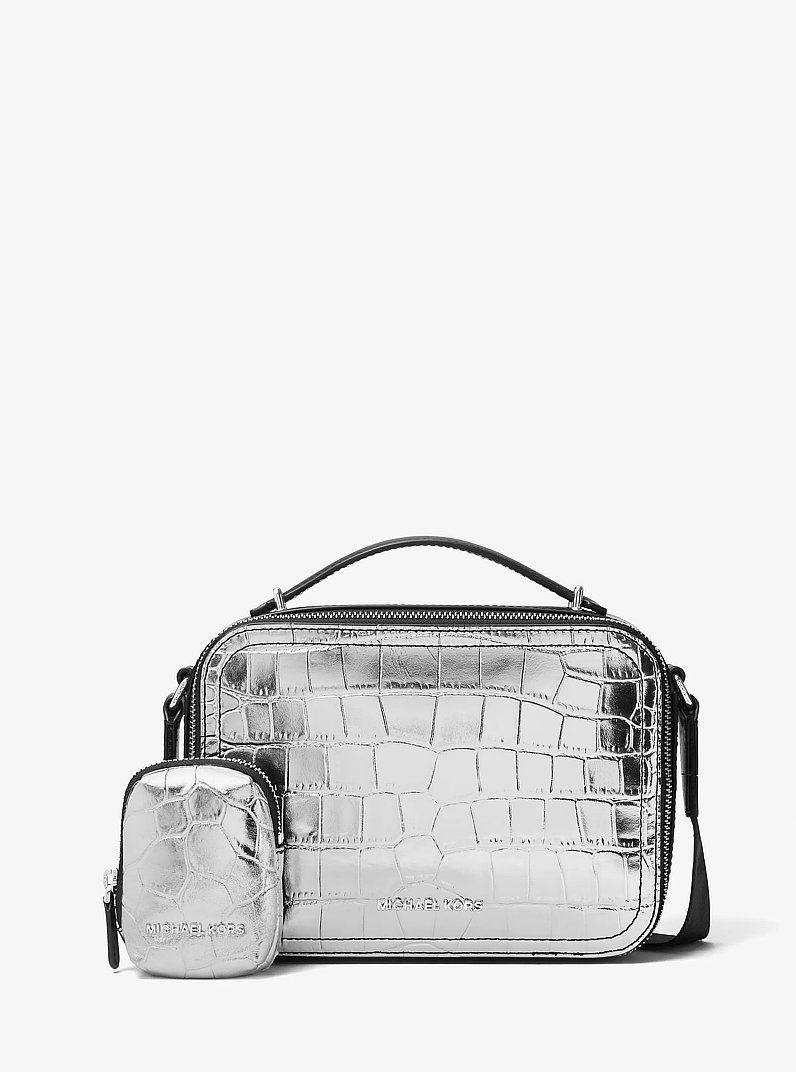 Hudson Metallic Crocodile Embossed Leather Crossbody Bag in SILVER | Michael Kors