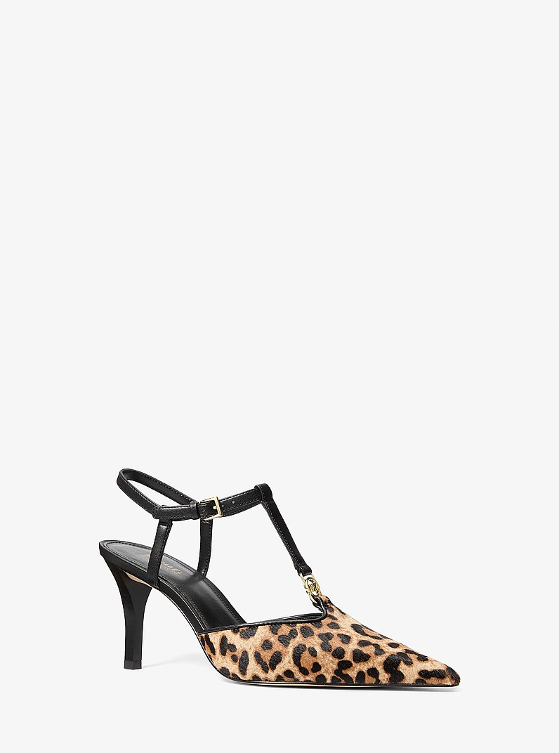 Nalia Leopard Print Calf Hair T-Strap Pump in DK CAMEL MLT | Michael Kors