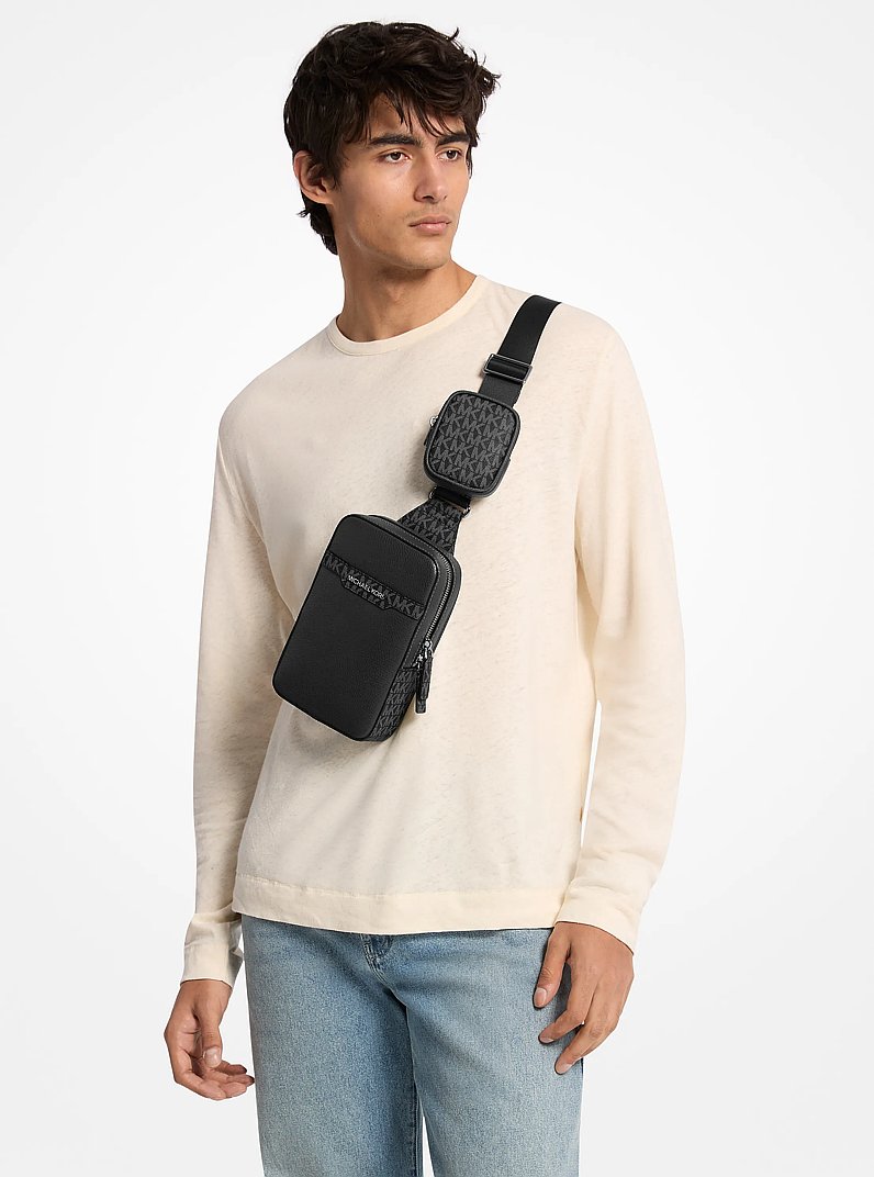 Cooper Medium Pebbled Leather and Signature Logo Sling Pack with Pouch in BLACK | Michael Kors