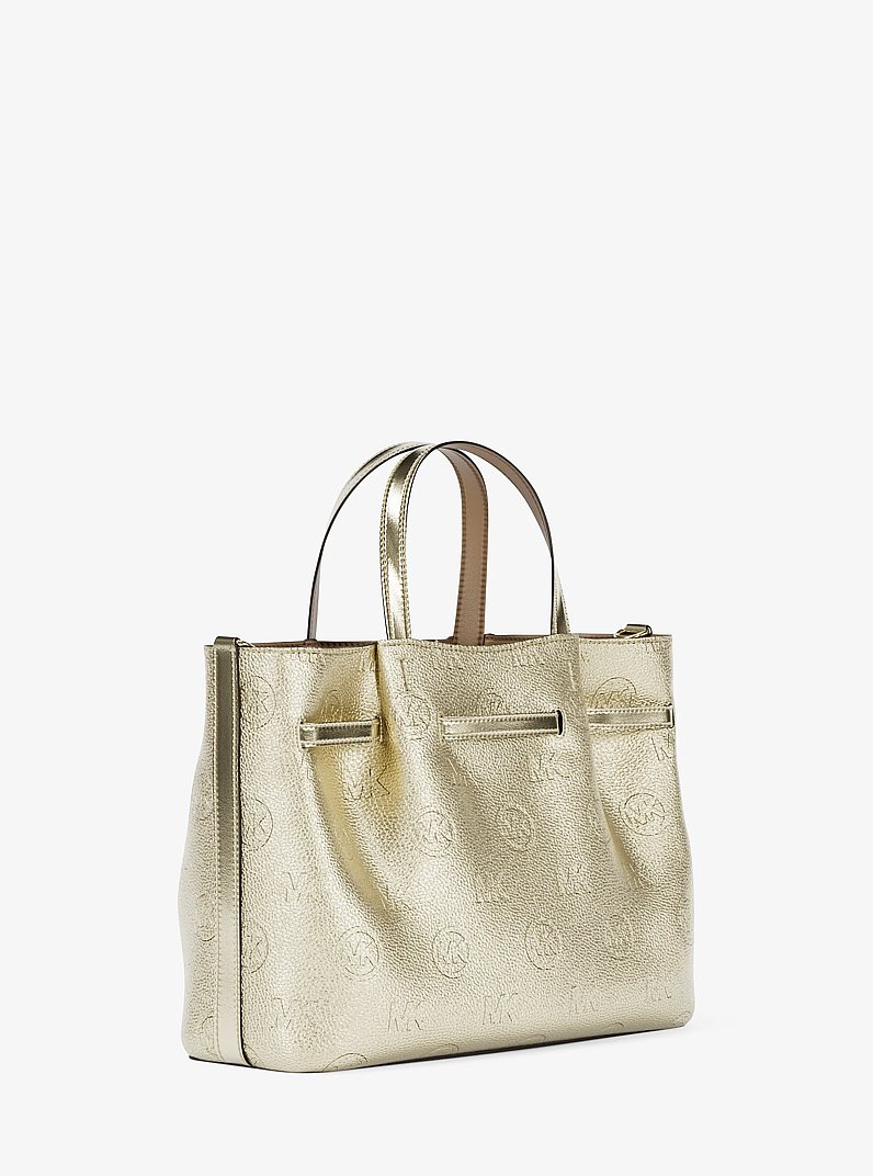 Carson Medium Metallic Logo Debossed Satchel in PALE GOLD | Michael Kors