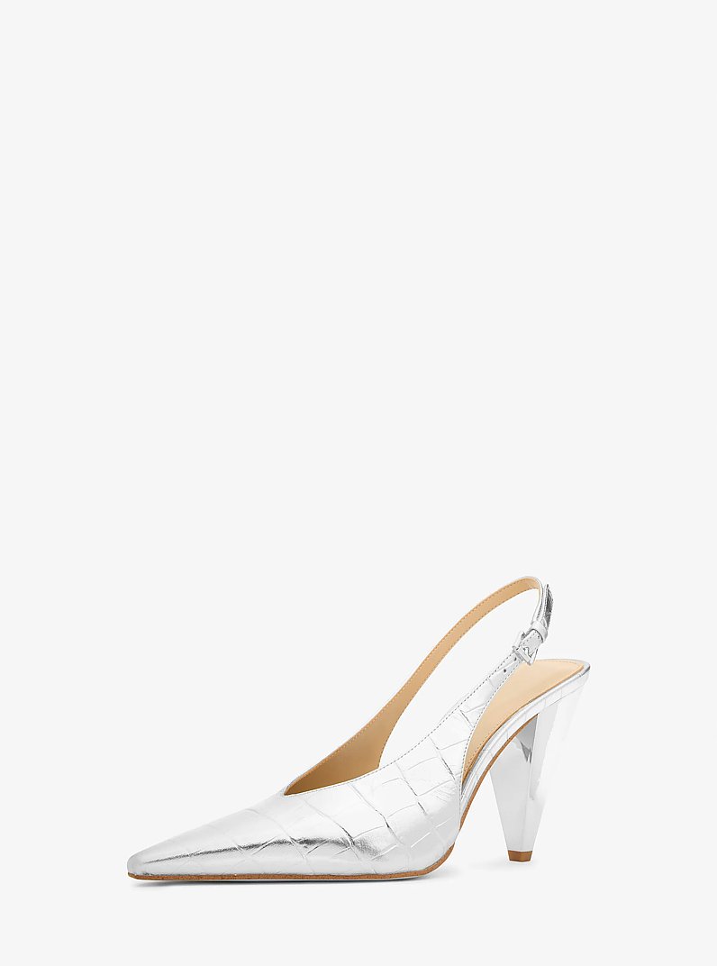 Electra Metallic Crocodile Embossed Leather Slingback Pump in SILVER | Michael Kors