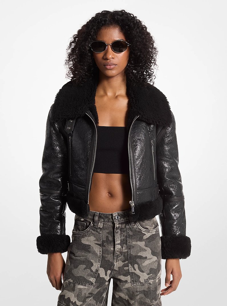 Crackled Leather and Shearling Cropped Jacket in BLACK | Michael Kors