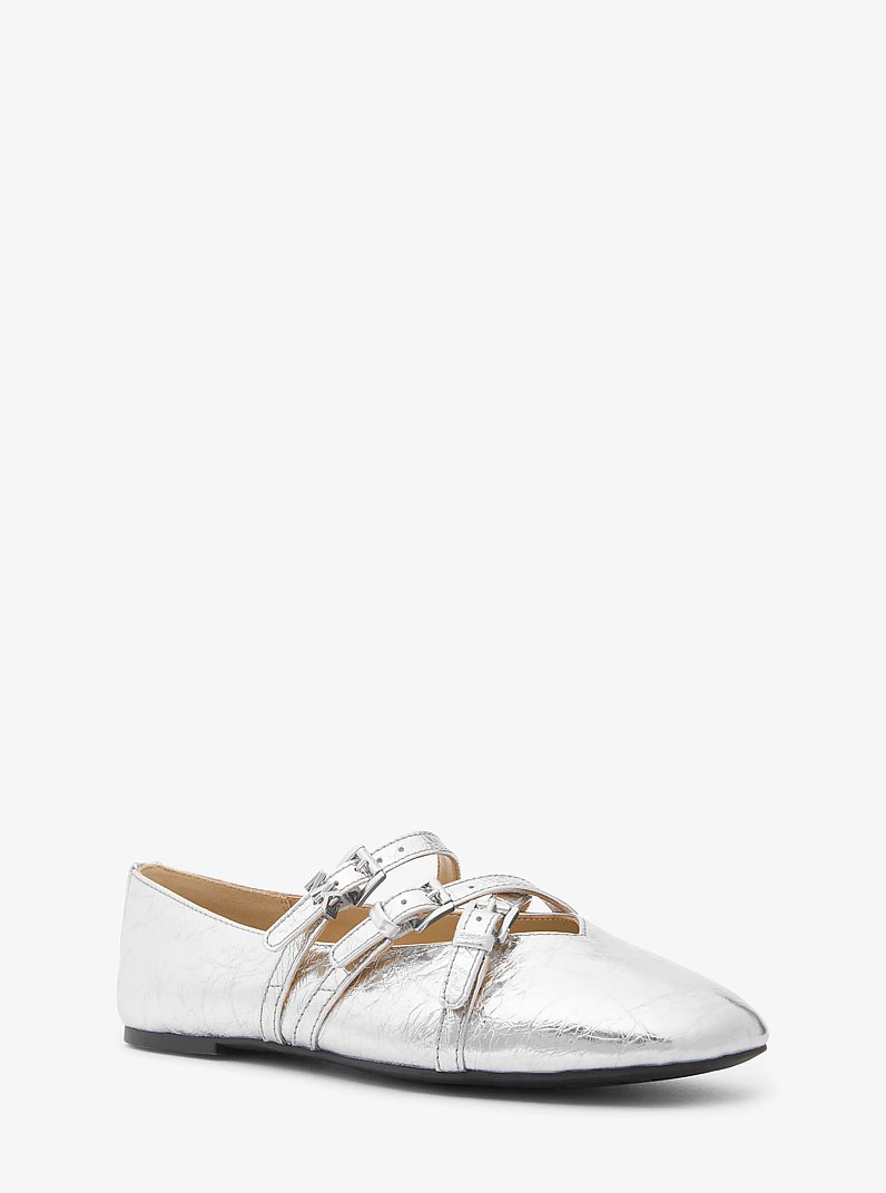 Indy Flex Crackled Metallic Leather Ballet Flat in SILVER | Michael Kors