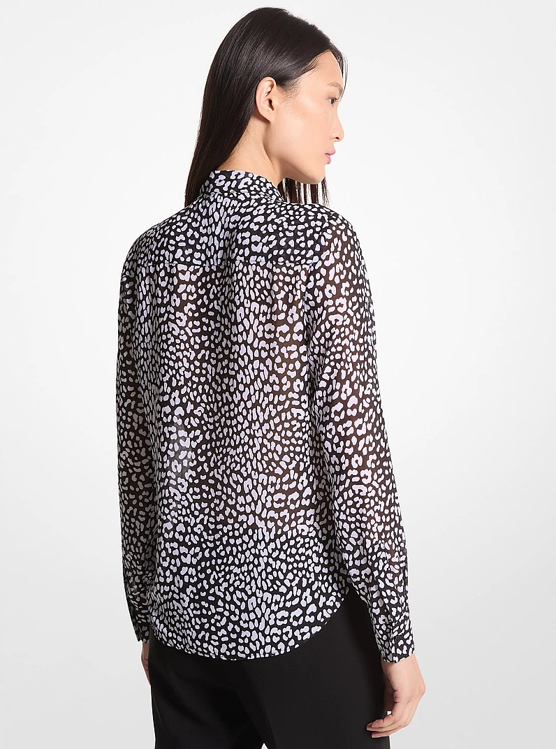 Graphic Leopard Print Georgette Tie-Neck Blouse in BLACK/WHITE | Michael Kors