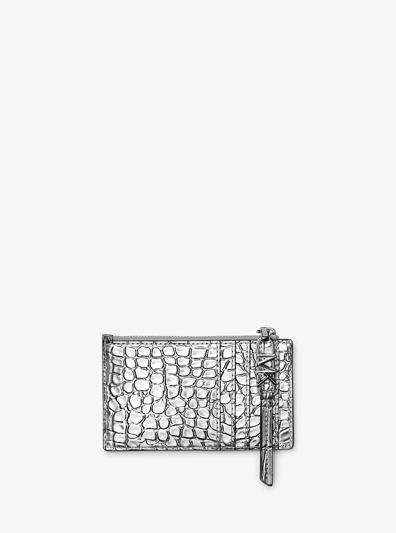 Empire Small Metallic Crocodile Embossed Leather Card Case in SILVER | Michael Kors